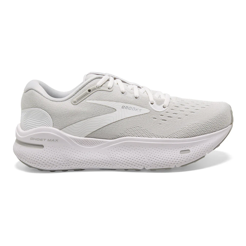 Men's Brooks Ghost Max, White/Oyster/Metallic Silver, 12 D Medium