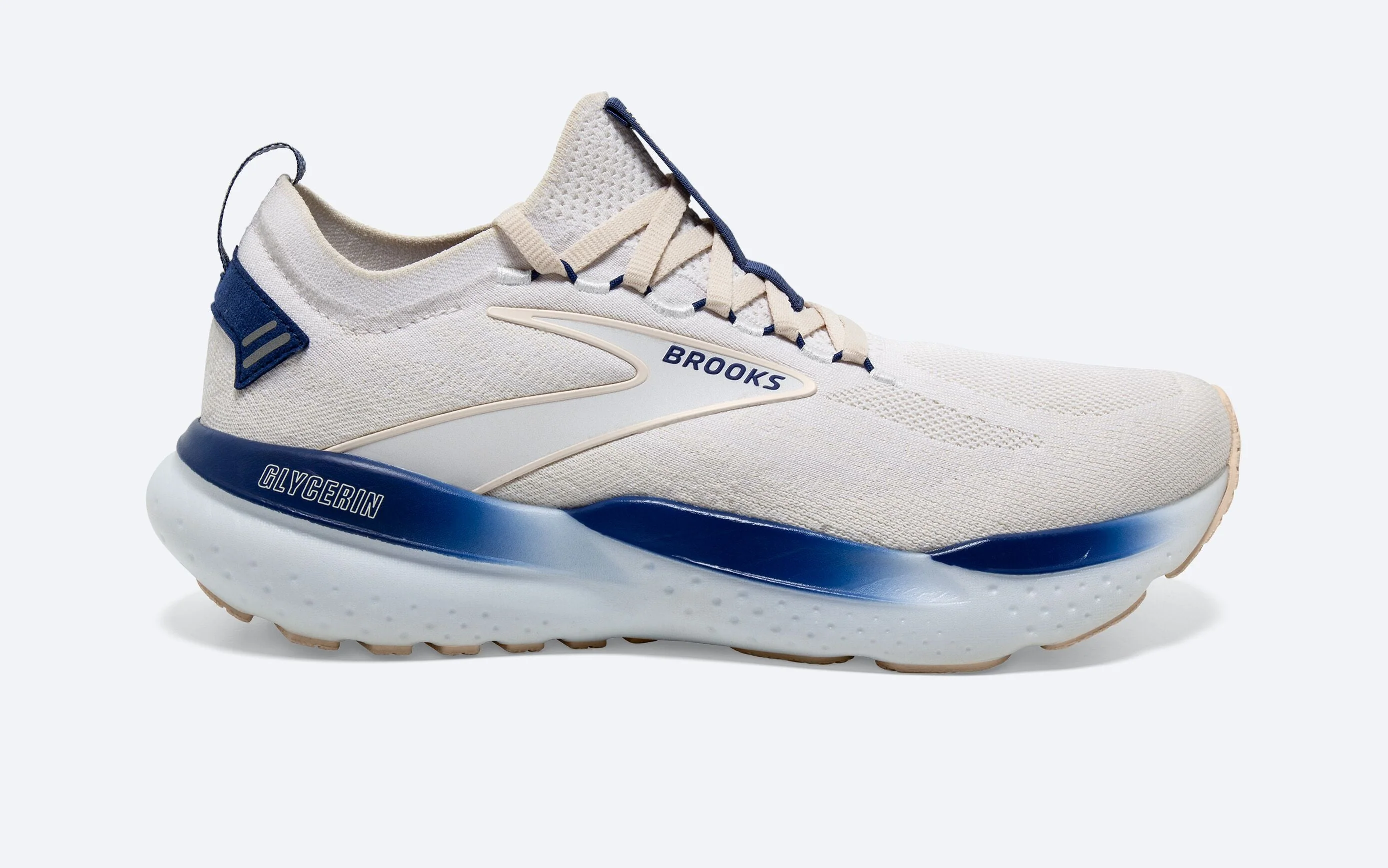 Men's Brooks Glycerin StealthFit 21, White/Marshmallow/Blue, 10.5 D Medium