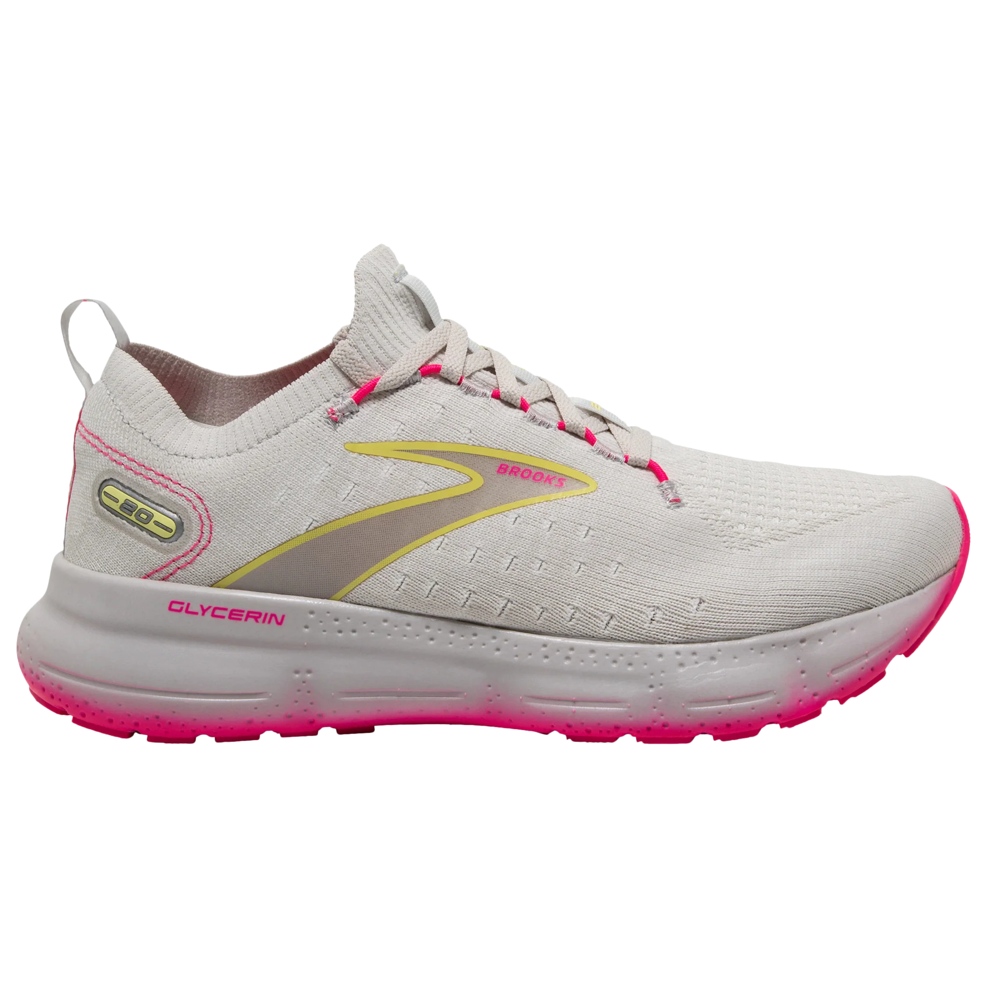 Women's Brooks Glycerin StealthFit 20, Grey/Yellow/Pink, 6.5 B Medium