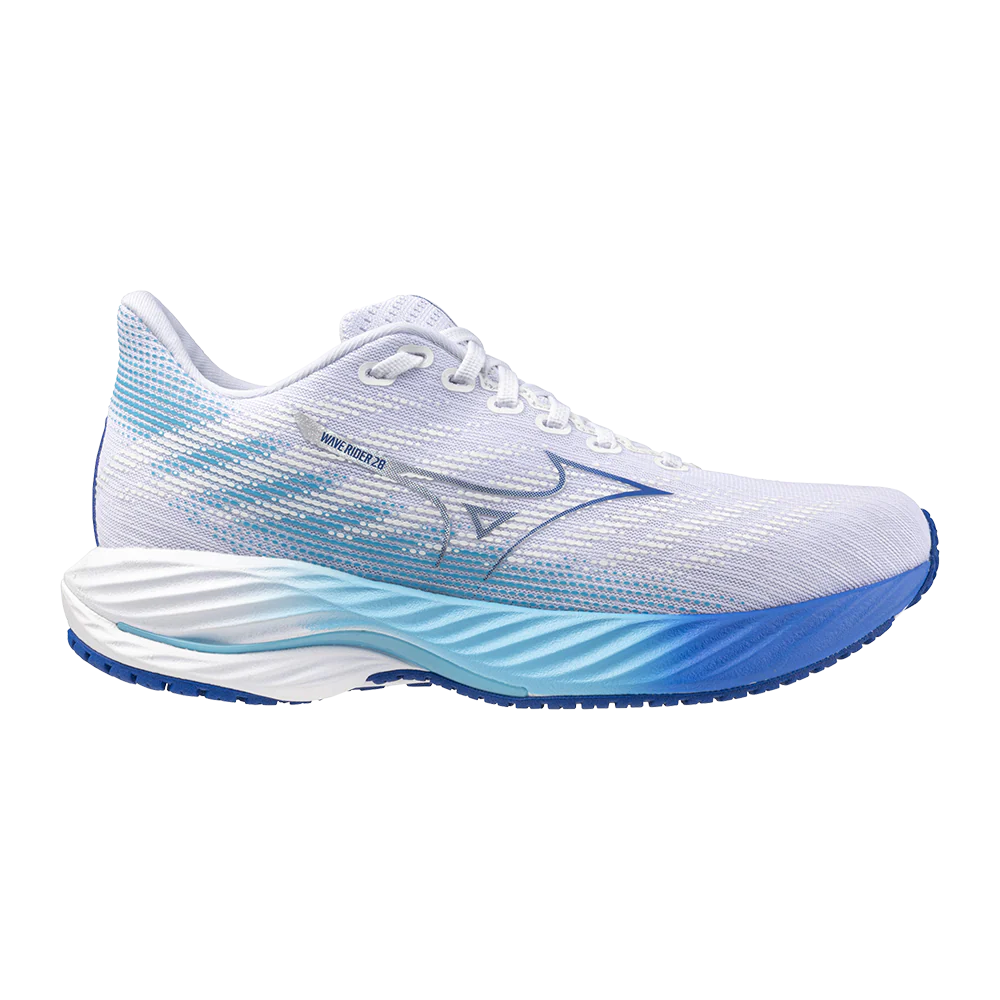 Women's Mizuno Wave Rider 28, White/Mugen Blue, 8.5 B Medium